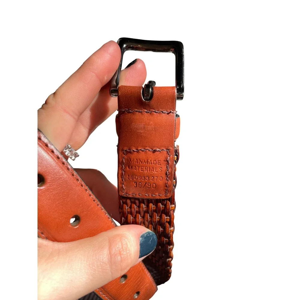 Cognac Brown Woven Braided Faux Leather Belt Silver Buckle size 36